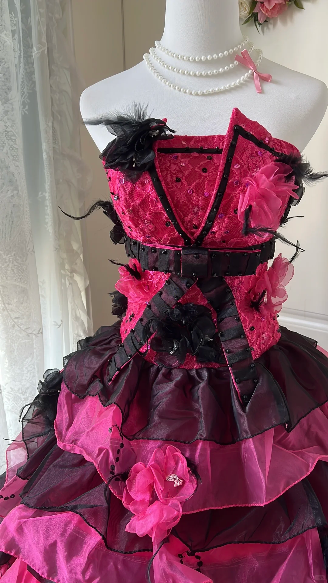 Glamorous Strapless Black & Hot Pink Tiered Rose Feather Applique Ball Gown TP5834