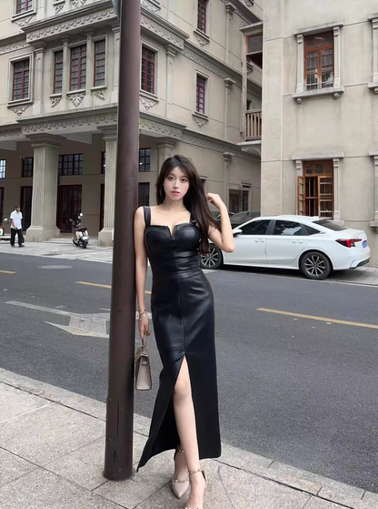 Simple Black Split Dress Design A-line Sleeveless Spaghetti Strap Leather Dress TP3296