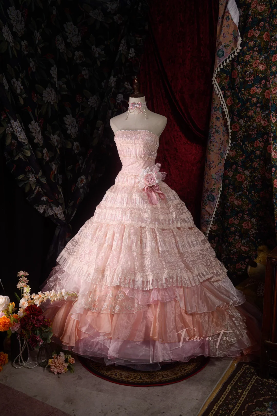 Vintage-Inspired Ruffled Pastel Pink Layered Lace A-Line Strapless Ball Gown TP5109