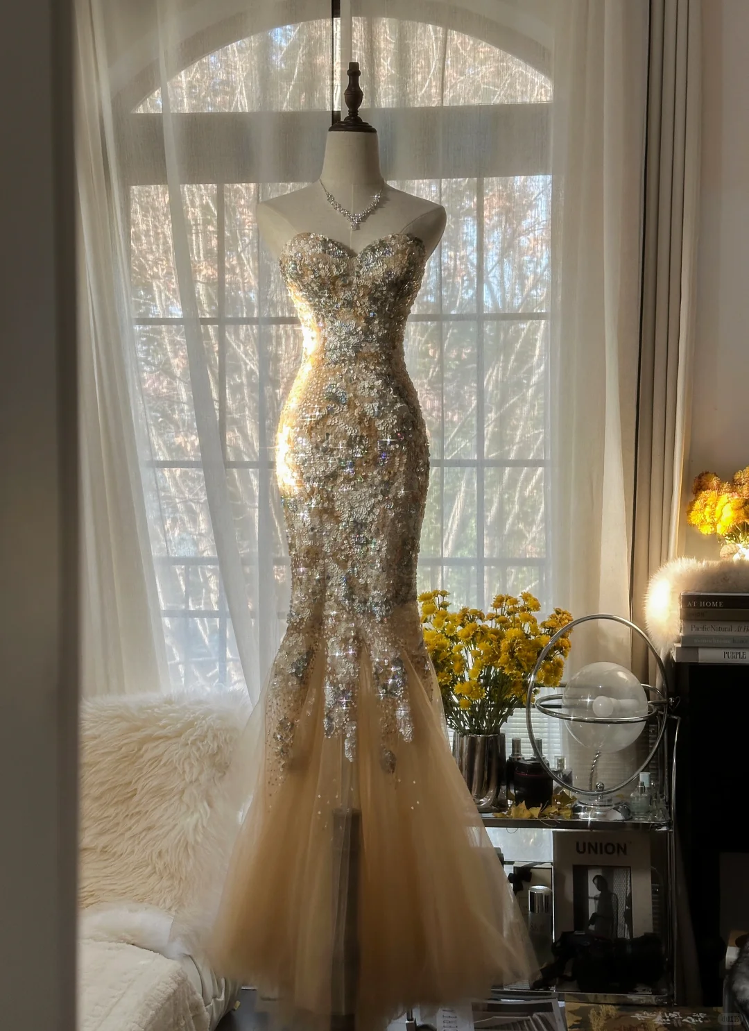 Elegant Mermaid Golden Sparkling Strapless Elegant Beaded Chiffon Evening Dress Prom Dress TP3975
