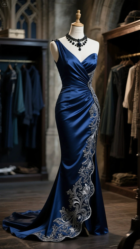 Vintage Royal Blue Embroidery Evening Gown Mermaid One-shoulder Party Dress Long Formal Dress TP4984