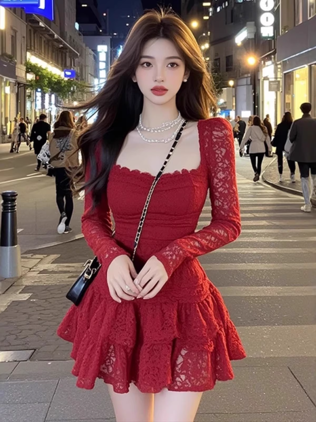 Vintage Burgundy Lace Long-sleeve A-Line Tiered Homecoming Dress Party Dress Cocktail Dress TP4723