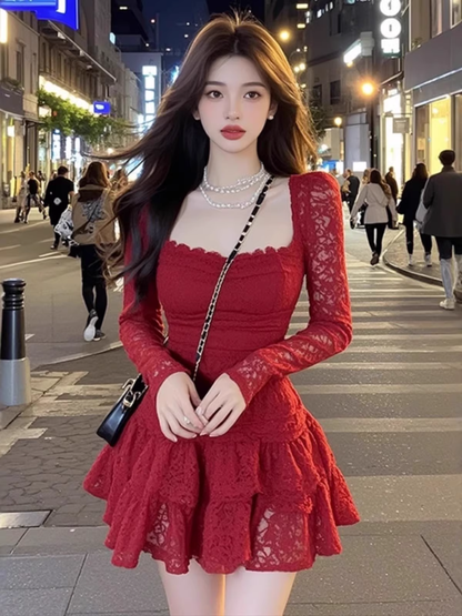 Vintage Burgundy Lace Long-sleeve A-Line Tiered Homecoming Dress Party Dress Cocktail Dress TP4723
