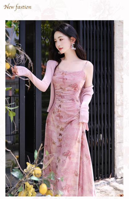 Retro Fashion Pink Flora Design Beach Holiday A-line Spaghetti Strap Dress TP3367