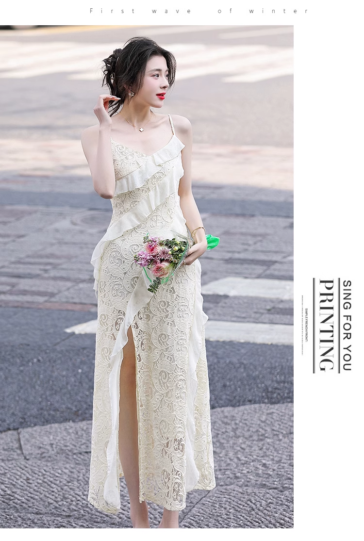 Vintage Fashion Beige Irregular Ruffled Hem Design Elegant A-line Spaghetti Strap Dress TP3354