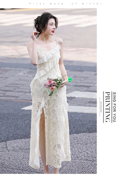 Vintage Fashion Beige Irregular Ruffled Hem Design Elegant A-line Spaghetti Strap Dress TP3354
