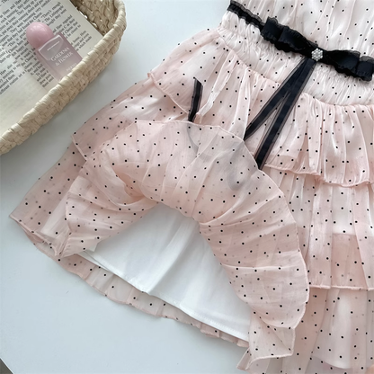 Simple Polka dot Pattern Design A-line Sleeveless Spaghetti Strap Tiered Dress TP3290