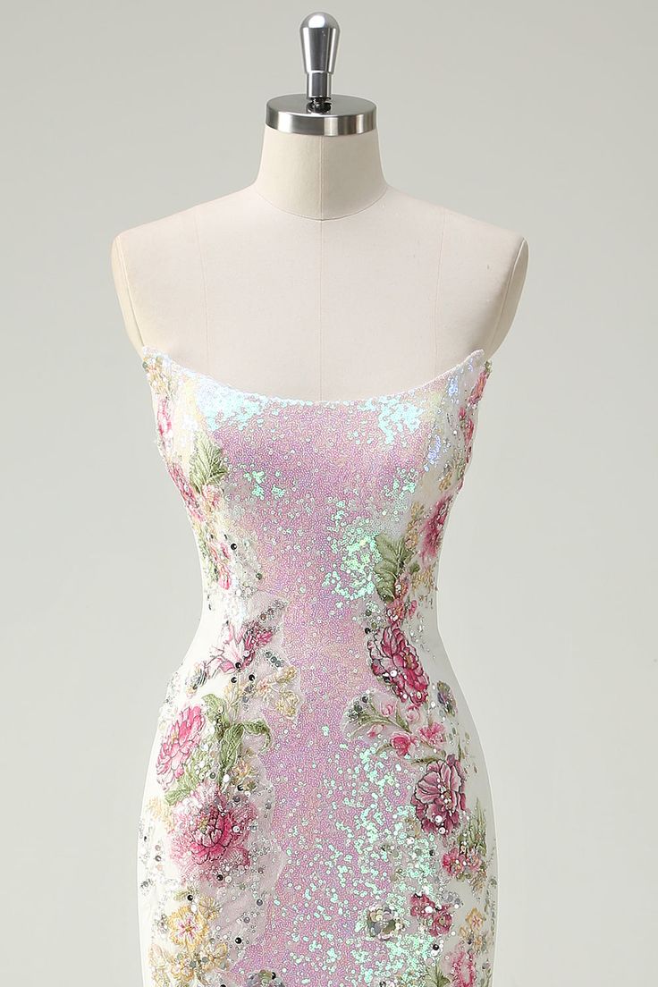 Elegant Pink Floral Sequin Mermaid Evening Gown Strapless Prom Dress TP5626
