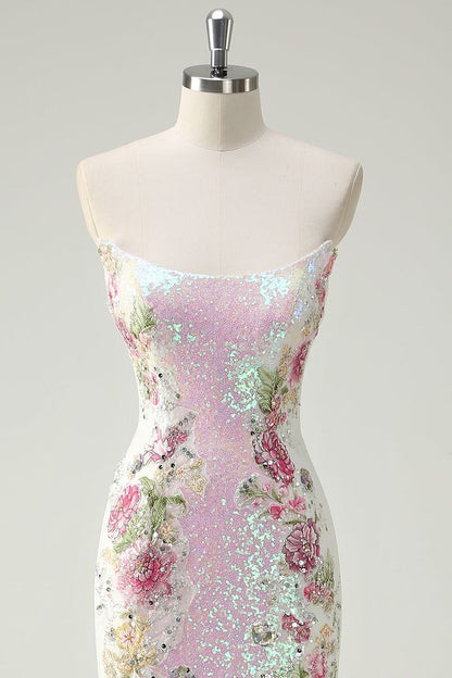 Elegant Pink Floral Sequin Mermaid Evening Gown Strapless Prom Dress TP5626