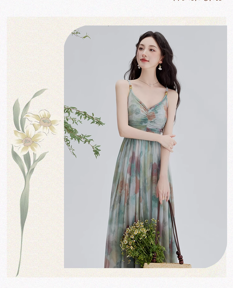 Vintage Fashion Floral Print Design Long-sleeved Cardigan A-line Long Spaghetti Strap Dress TP3335