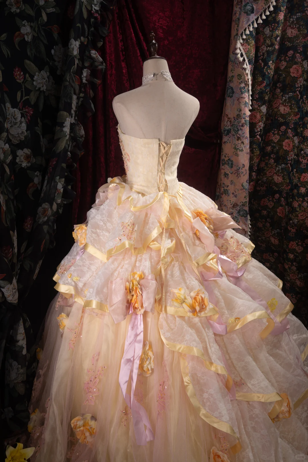 Vintage-Inspired Cream & Pink Tiered Strapless Beaded Floral Appliqués Ball Gown TP5796