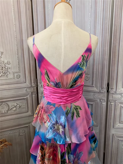 Luxury Multicolor Floral Print Evening Gown Tiered Chiffon Prom Dress TP5678