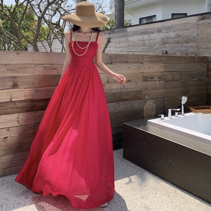 New Elegant Stylish Rose Red High-waisted Spaghetti Strap Dress TP2990