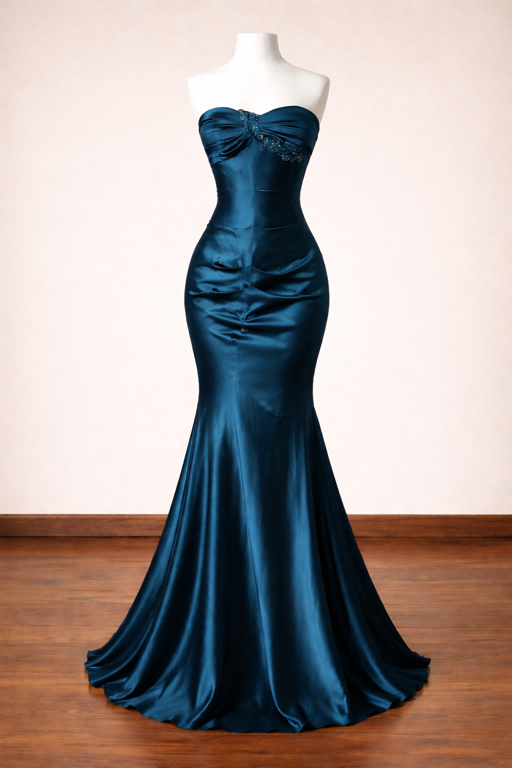 Vintage Teal Satin Strapless Sweetheart Mermaid Beaded Prom Dress TP5865