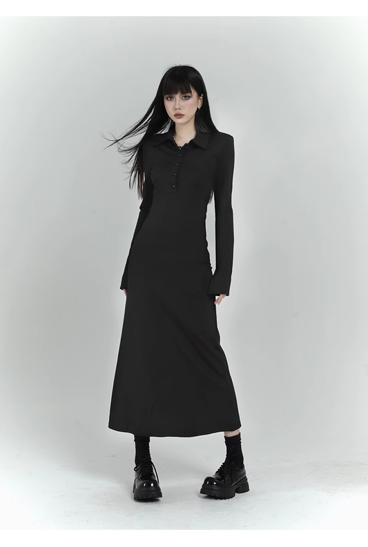 New Fashion Design POLO Style Women Black Long-sleeved Dress TP2937