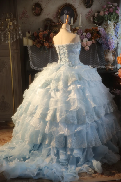 Gorgeous Light Blue Strapless Ruffled Lace Sequin Sweet 15 Quinceanera Ball Gown TP5517