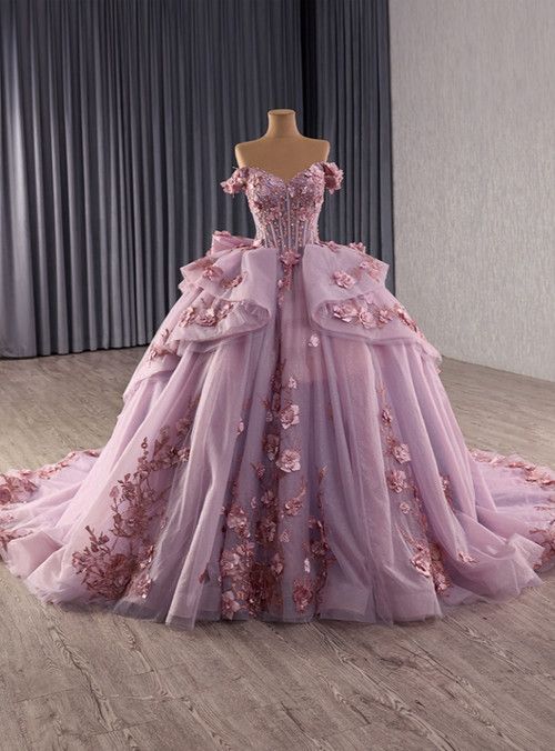 Glamorous Lavender Glitter Tulle Off-the-Shoulder Floral Embroidery 3D Rose Appliques Sweet 15 Quinceanera Ball Gown TP5448