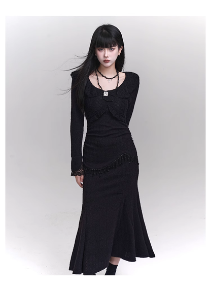 Elegant Fashion Tassels Lace Cuff Design Long-sleeved Dress TP2947