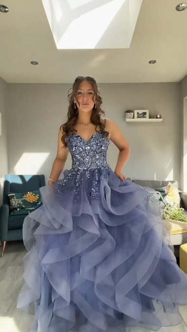 Vintage Haze Blue Sweetheart Beaded Evening Dress A-Line Spaghetti Strap Tulle Ruffled Long Prom Dress TP5060