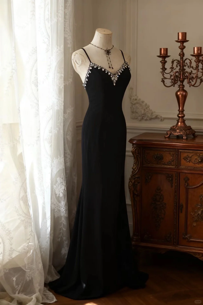 Vintage Black Mermaid Spaghetti Strap Evening Gown Beaded Sweetheart Prom Dress TP5646