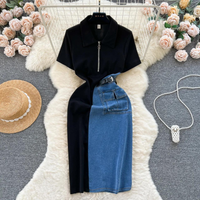 New Fashion Two-tone Jean And Black Polo Dress TP2824