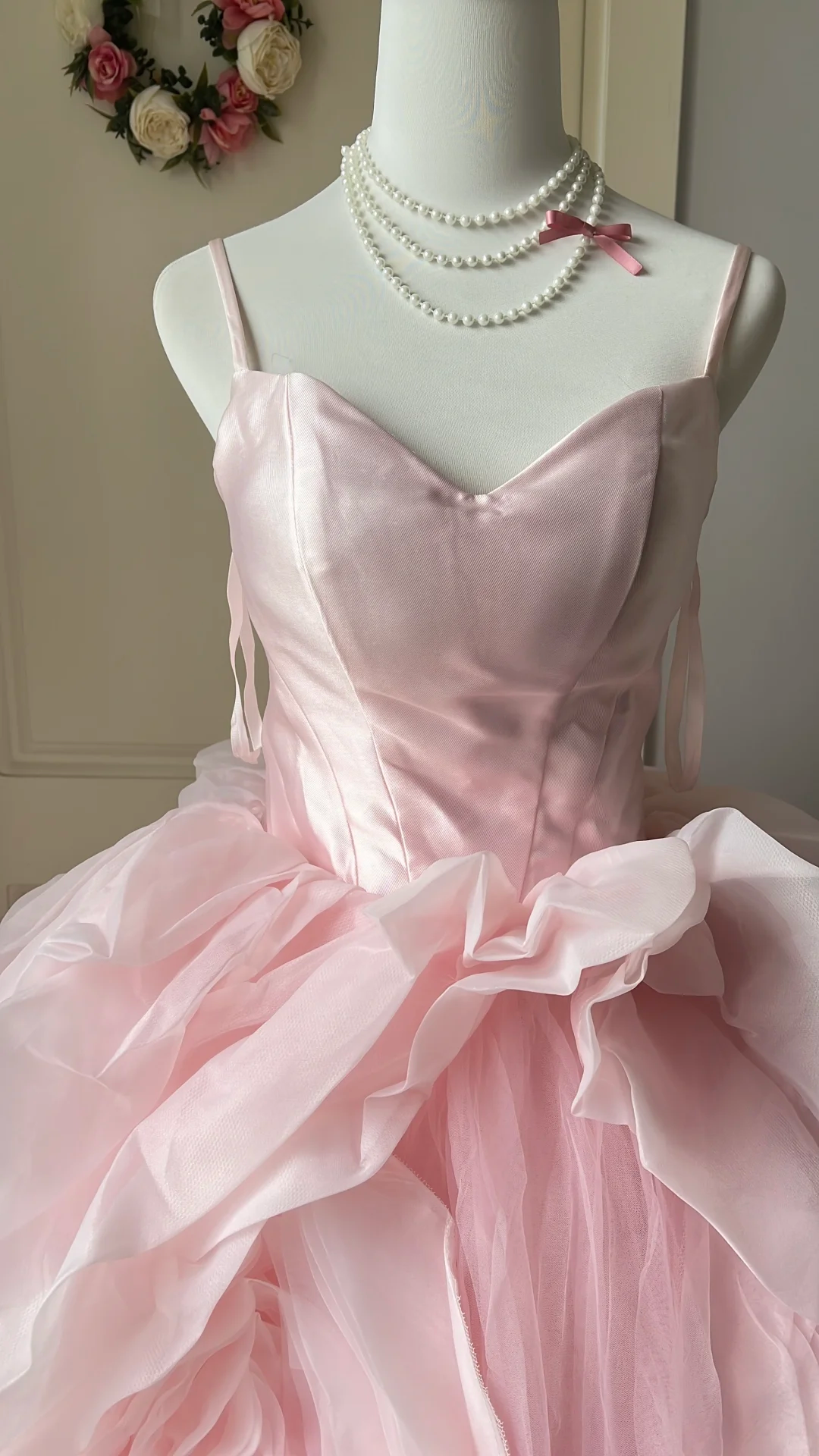 Glamorous Pink Satin Tulle 3D Rose Spaghetti Strap Sweetheart Long Ball Gown TP5831