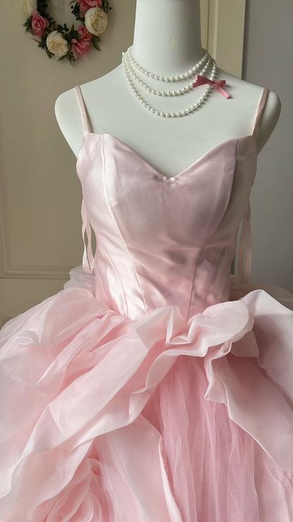 Glamorous Pink Satin Tulle 3D Rose Spaghetti Strap Sweetheart Long Ball Gown TP5831