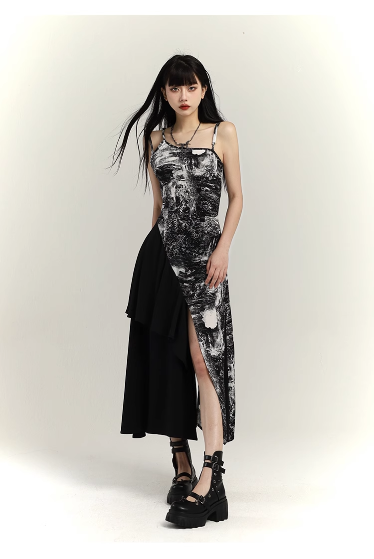 Fashion Black & White Ink Artistic Sense Irregular Design Spaghetti Strap Dress TP2919