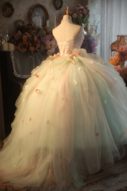 Vintage StraplessTulle Formal 3D Flower Sweet 15 Quinceanera Ball Gown TP5526