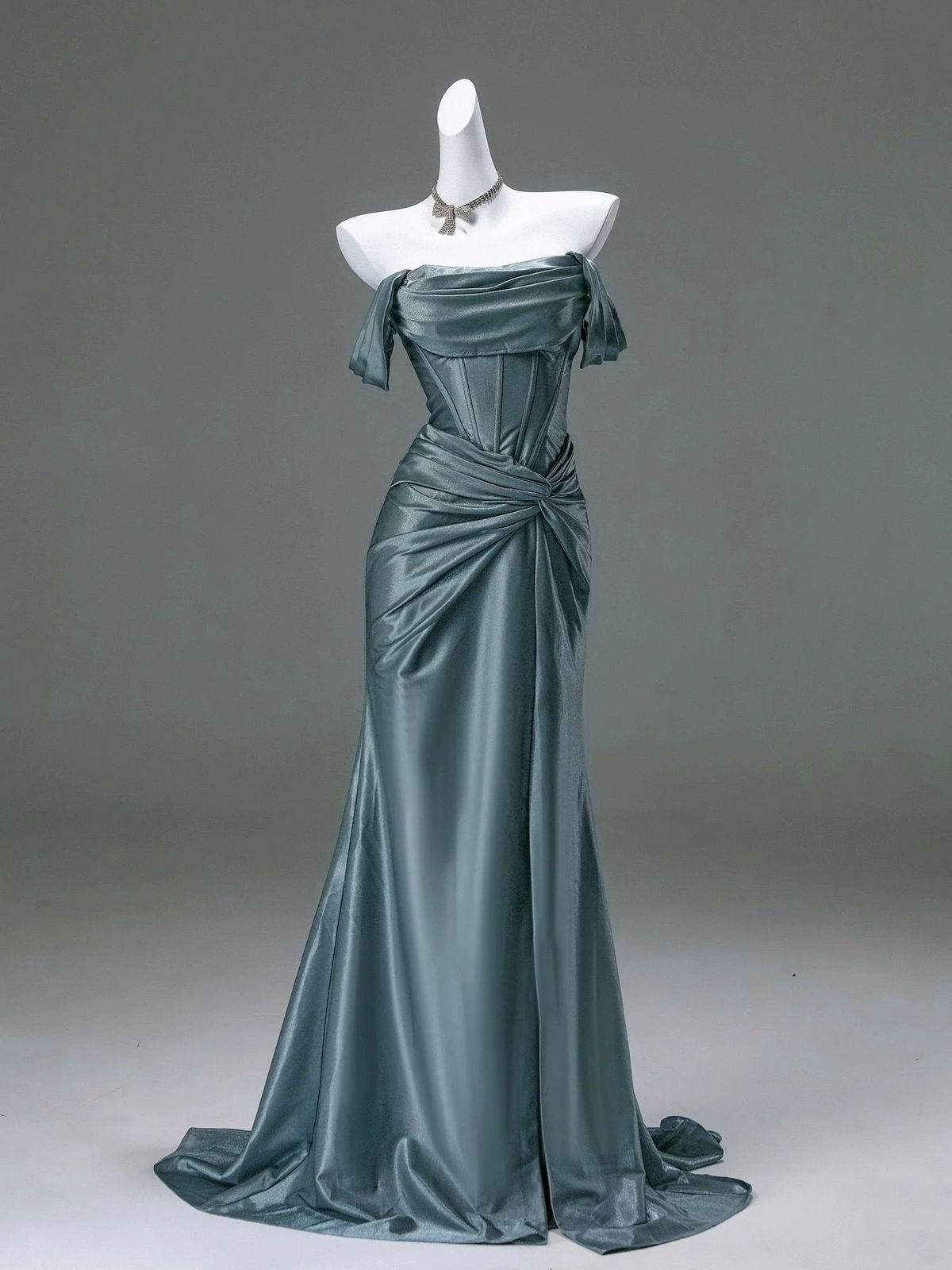 Elegant Sage Green Satin Off-the-Shoulder Neckline Sheath Prom Dress TP5580