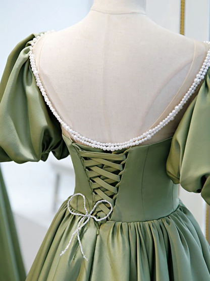 Retro Green Sweetheart Short-sleeved Lace-up Design A-line Satin Party Dress Homecoming Dress TP4075
