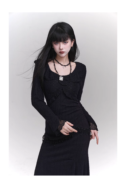 Elegant Fashion Tassels Lace Cuff Design Long-sleeved Dress TP2947