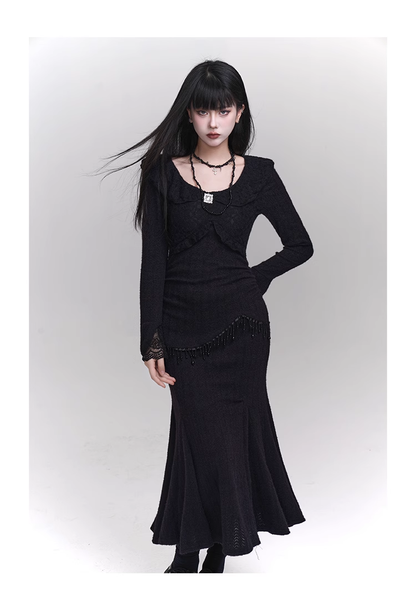 Elegant Fashion Tassels Lace Cuff Design Long-sleeved Dress TP2947