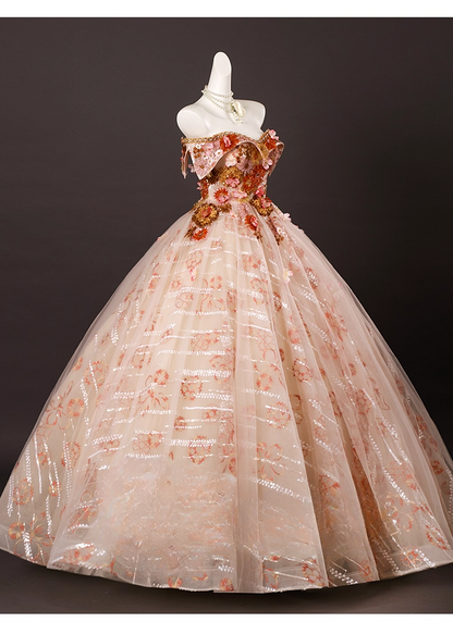 Chic Applique Sweetheart  A-Line 3D Flowers Prom Dress Off-the-shoulder Long Quinceanera Ball Gown TP5214