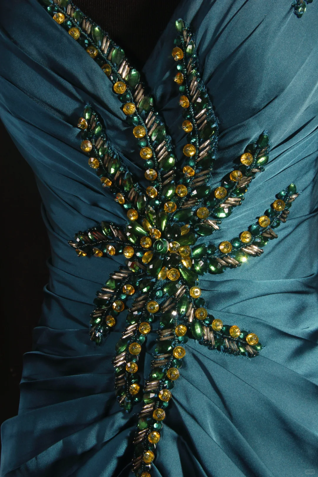 Elegant Teal Satin Spaghetti Strap Beaded Sheath Evening Gown TP5413