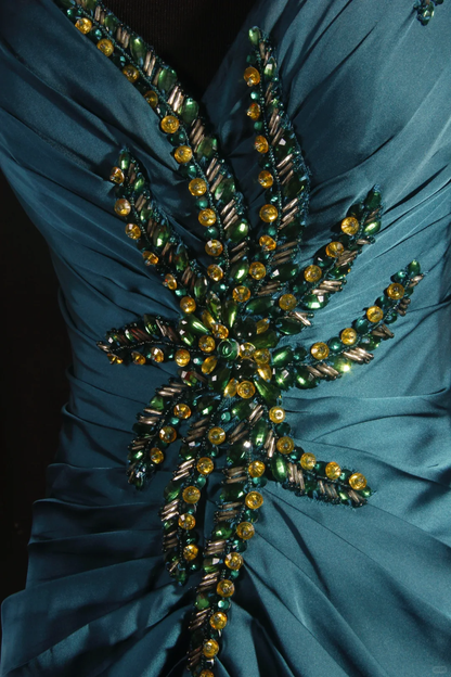 Elegant Teal Satin Spaghetti Strap Beaded Sheath Evening Gown TP5413