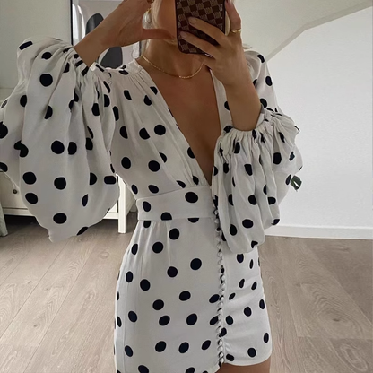New Fashion V-neck Spot Design A-line Long-sleeved Women Party Dress TP3896