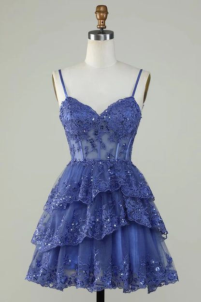 Gorgeous Navy Blue Sequined Corset Design A-line Spaghetti Strap Homecoming Dress TP3594