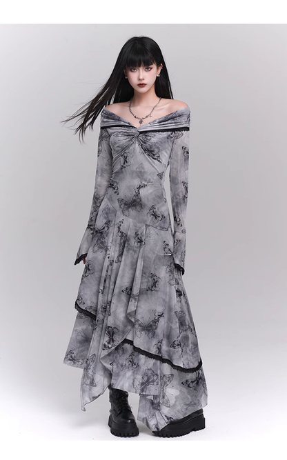 Fashion Butterfly Pattern Gothic Style Bell Sleeve Design Long-sleeved Dress TP2933