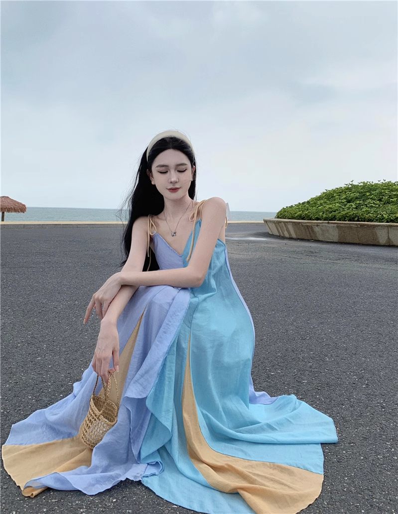 Simple Multi-color Splicing Design A-Line Casual V-neck Spaghetti Strap Dress TP3160