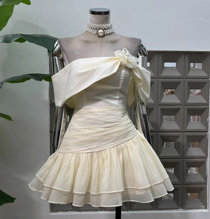 Vintage Ivory Off-the-Shoulder Bow Ruched Tiered Chiffon A-Line Homecoming Dress TP6036