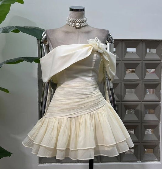 Vintage Ivory Off-the-Shoulder Bow Ruched Tiered Chiffon A-Line Homecoming Dress TP6036