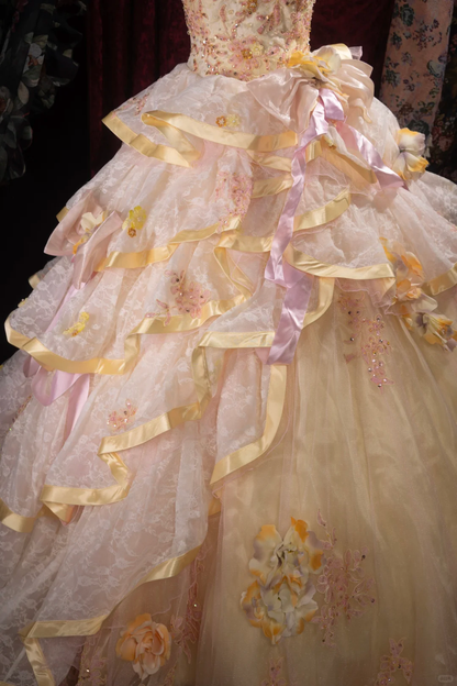 Vintage-Inspired Cream & Pink Tiered Strapless Beaded Floral Appliqués Ball Gown TP5796