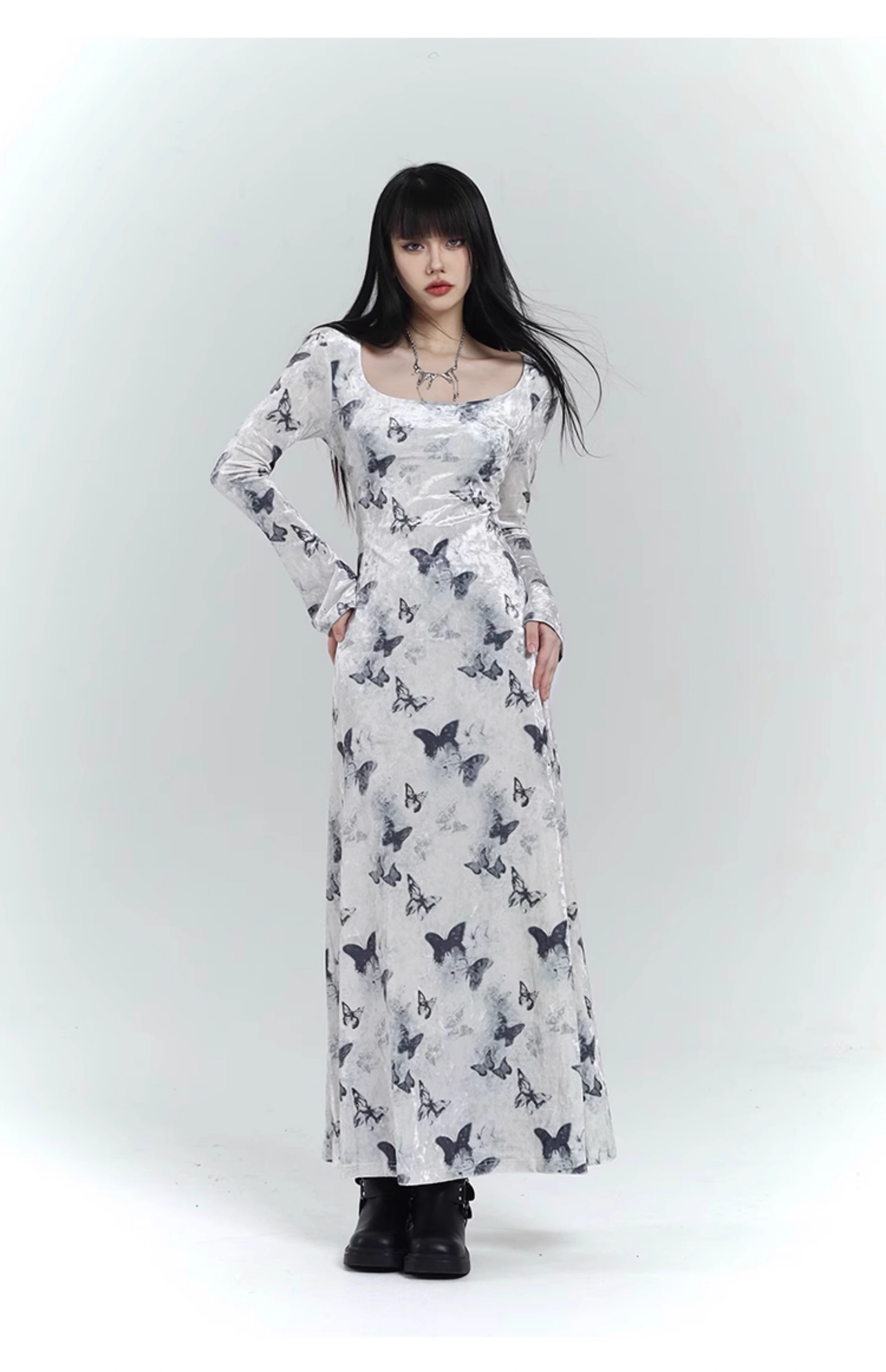 New Fashion Butterfly Pattern Design Sense White Long-sleeved Dress TP2929