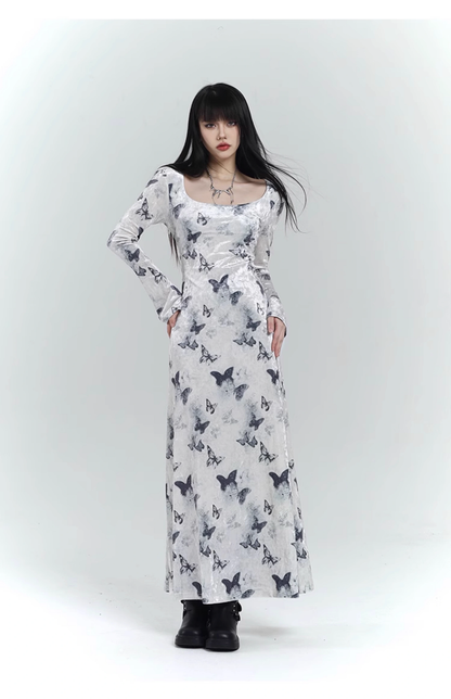 New Fashion Butterfly Pattern Design Sense White Long-sleeved Dress TP2929