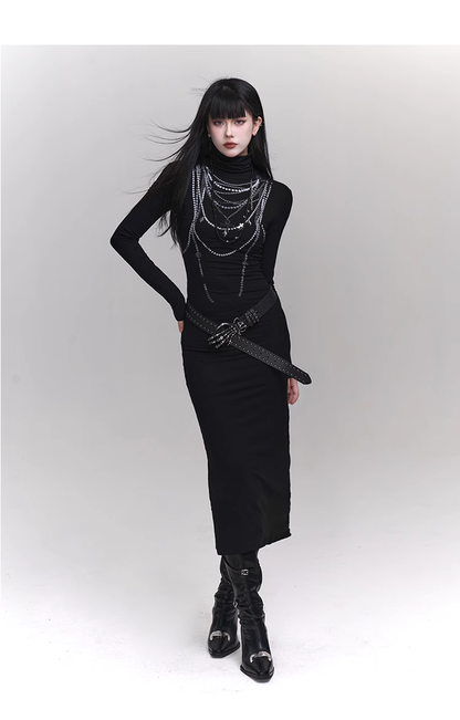 New fashion Dress Chain Design Black Turtleneck Knitted Base Long-sleeved Dress TP2940