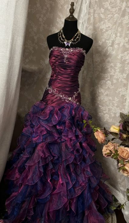 Glamorous Purple Ombre Strapless Ruffled Beaded Sweet 16 Quinceanera Ball Gown TP5569