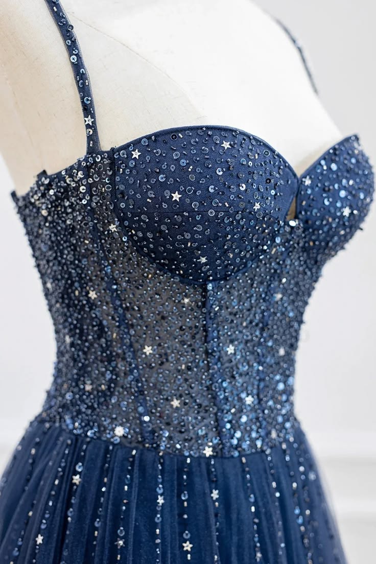 Vintage Navy Blue Sparkly Tulle Sweetheart Beaded Spaghetti Strap Evening Gown TP5798