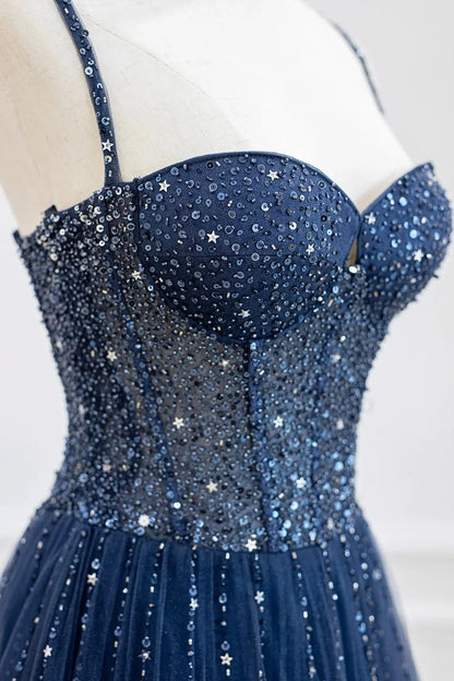 Vintage Navy Blue Sparkly Tulle Sweetheart Beaded Spaghetti Strap Evening Gown TP5798