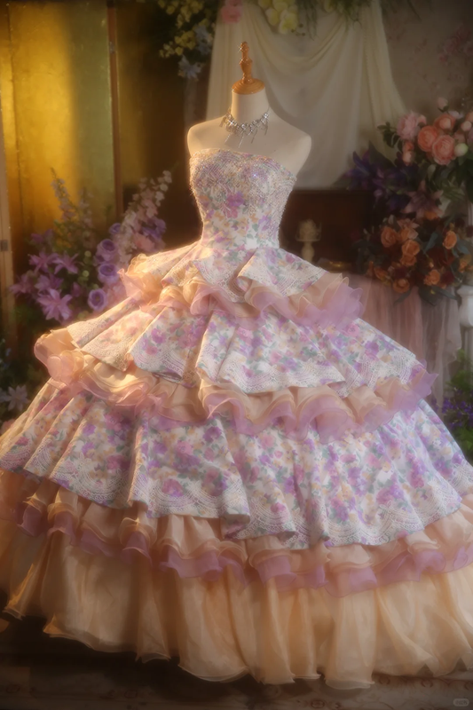 Vintage Floral Strapless Tiered Ruffled A-Line Sweet 15 Quinceanera Ball Gown TP5511